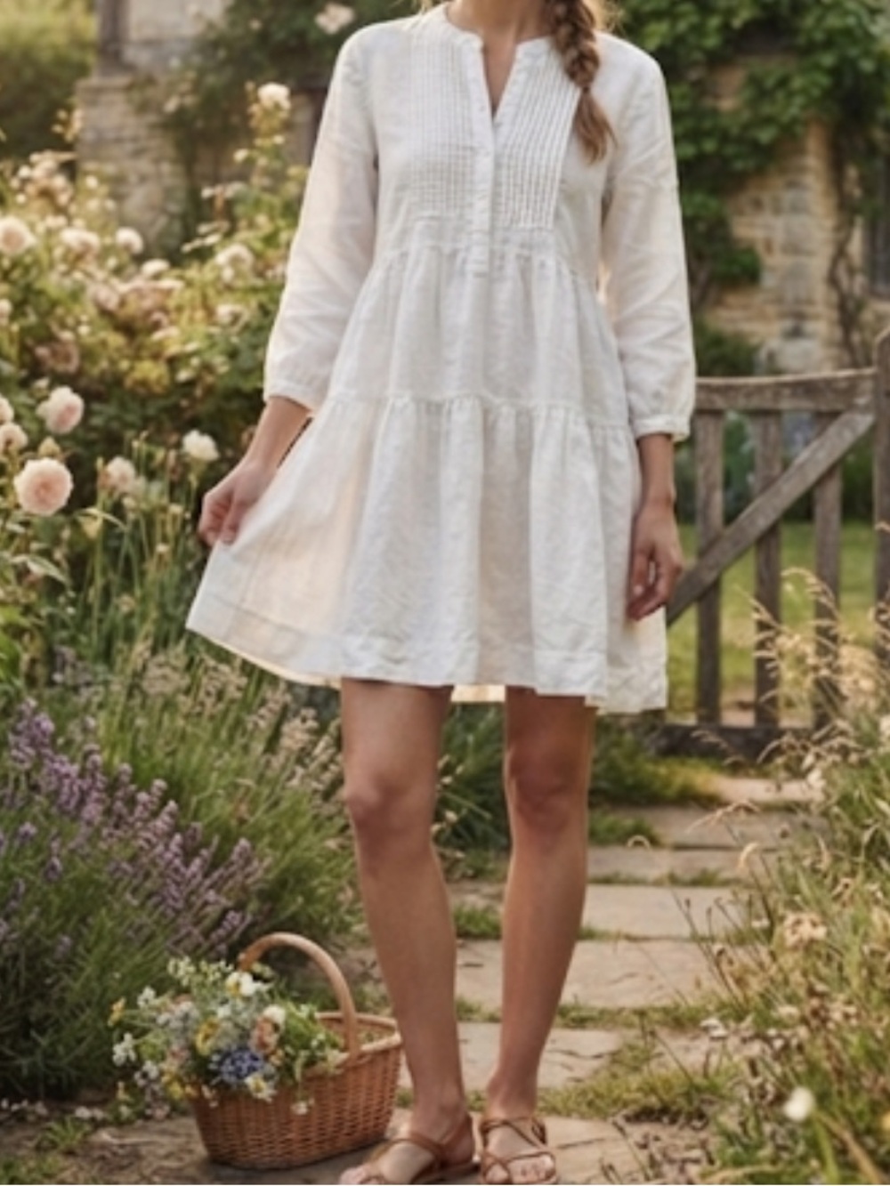 BINDU White Linen Blend Tiered Mini Dress Medium